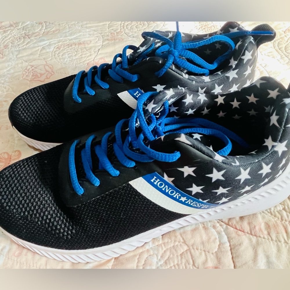 Black “Honor and Respect” sneakers detailed w/white stars. Worn once, size 8.